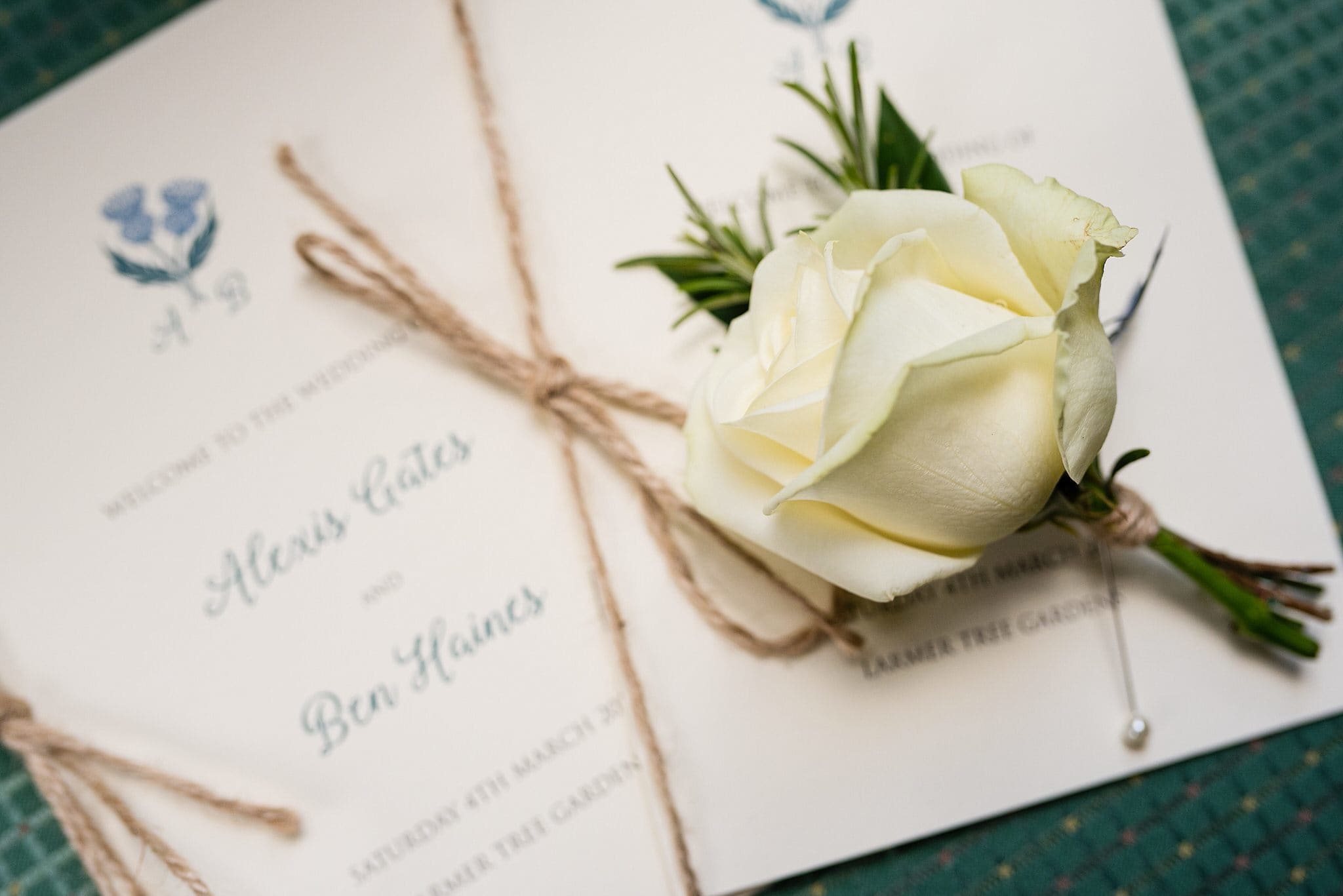 Larmertree garden wedding 30 Rose rests on the wedding stationery - Larmertree Gardens wedding