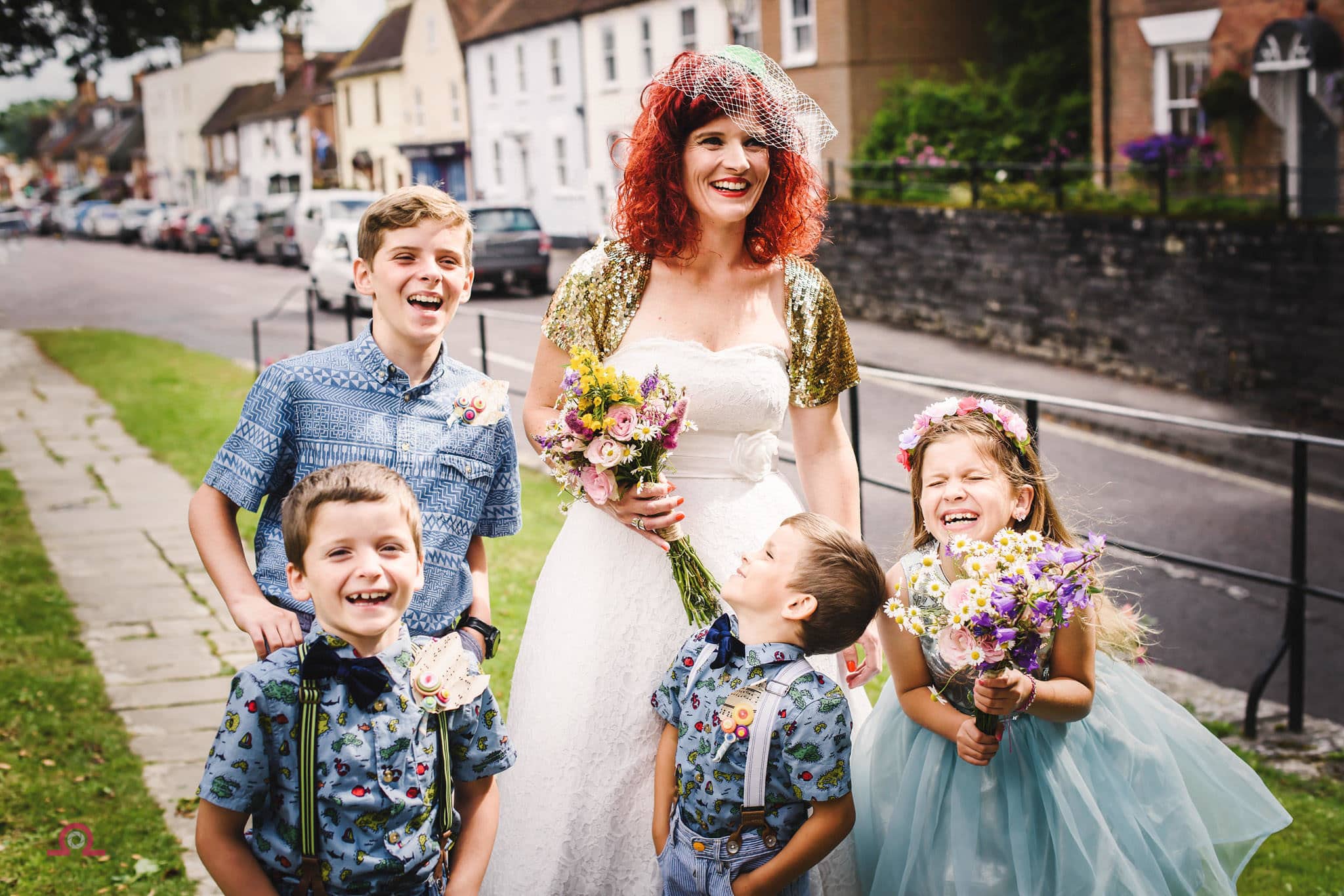 Bride with children in Wareham lots of laughter