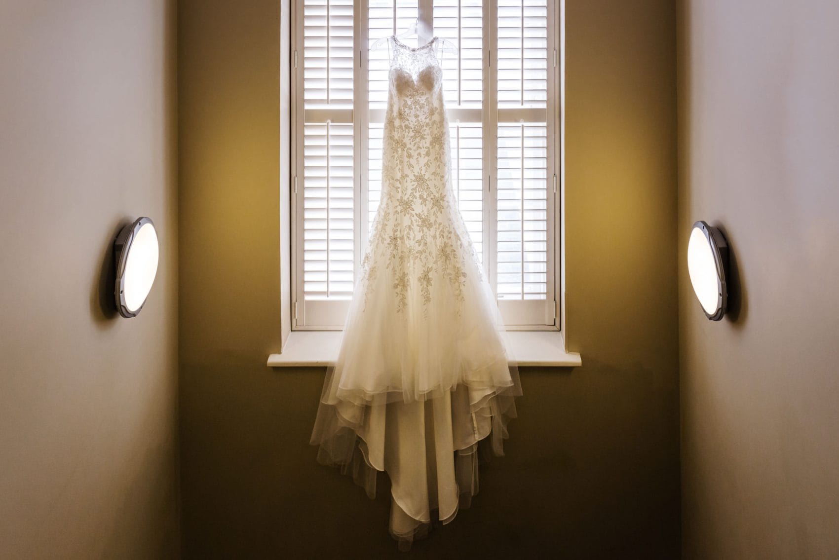 Wedding dress hanging at Kings Arms, Dorset