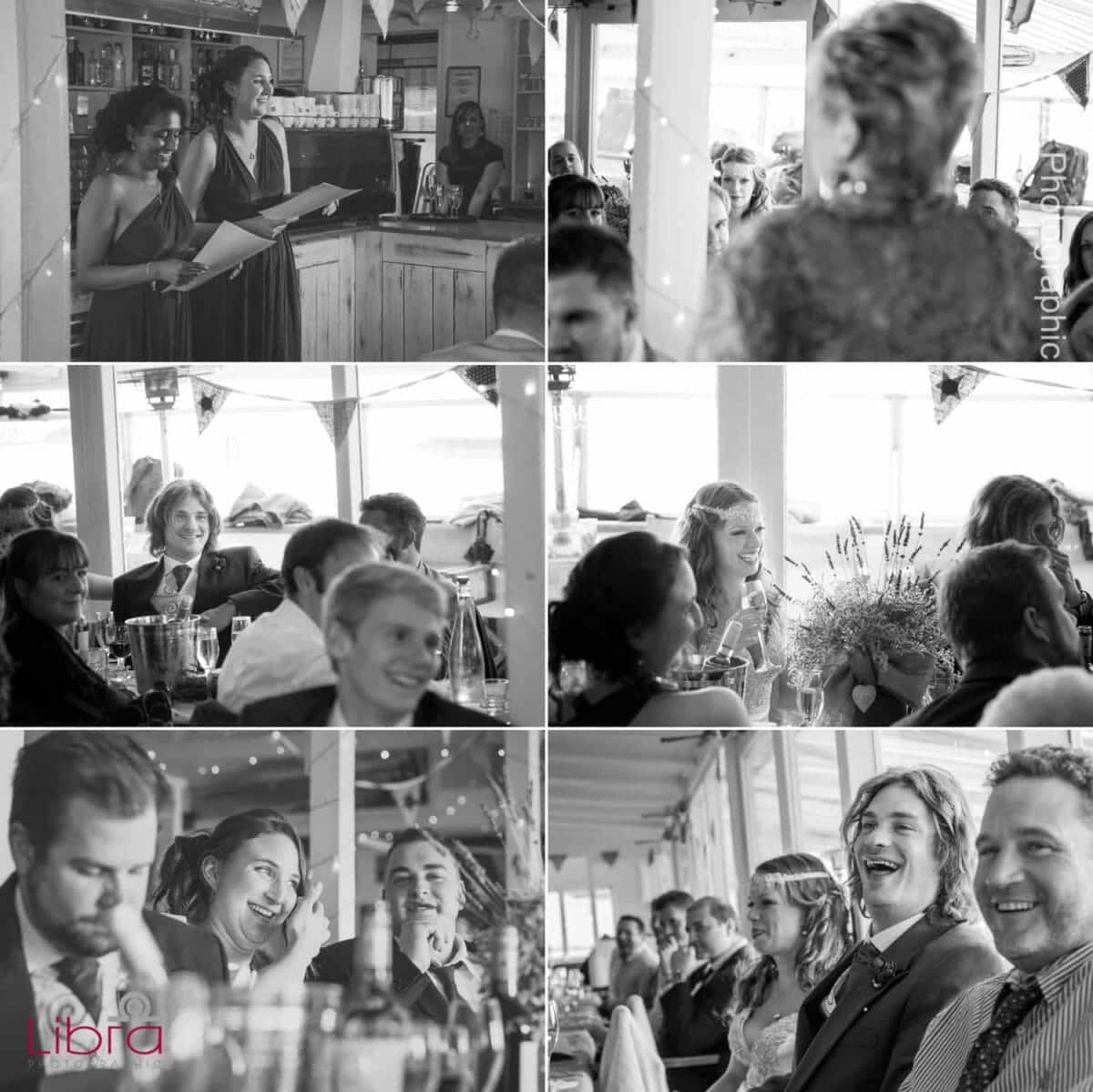 wedding speeches at the Beach house cafe in black and white